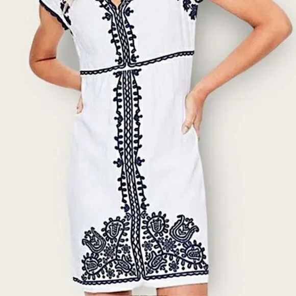 Boden Bea Linen Embroidered Dress - Cabin Blue Ticking Stripe Size US 2 (2R) - Picture 5 of 16